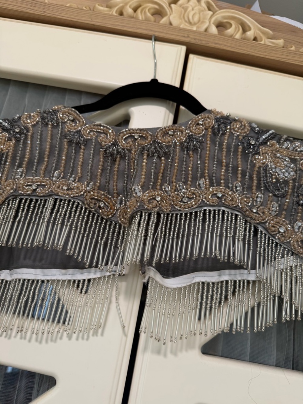 Embellished Beaded Fringe Crop Top in Gray and Silver